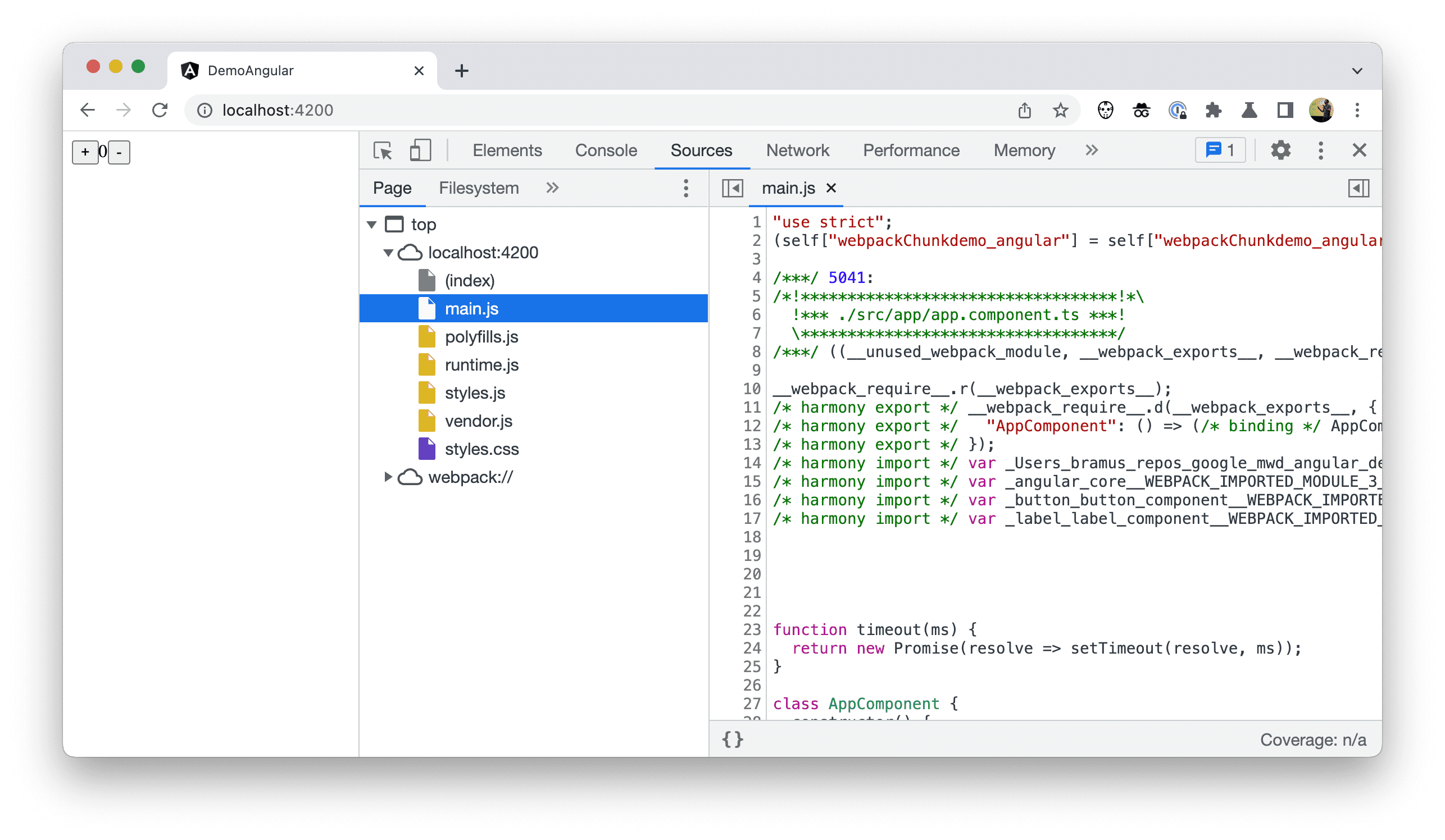 Screenshot hierarki file di Chrome DevTools yang menampilkan Kode yang Di-deploy.