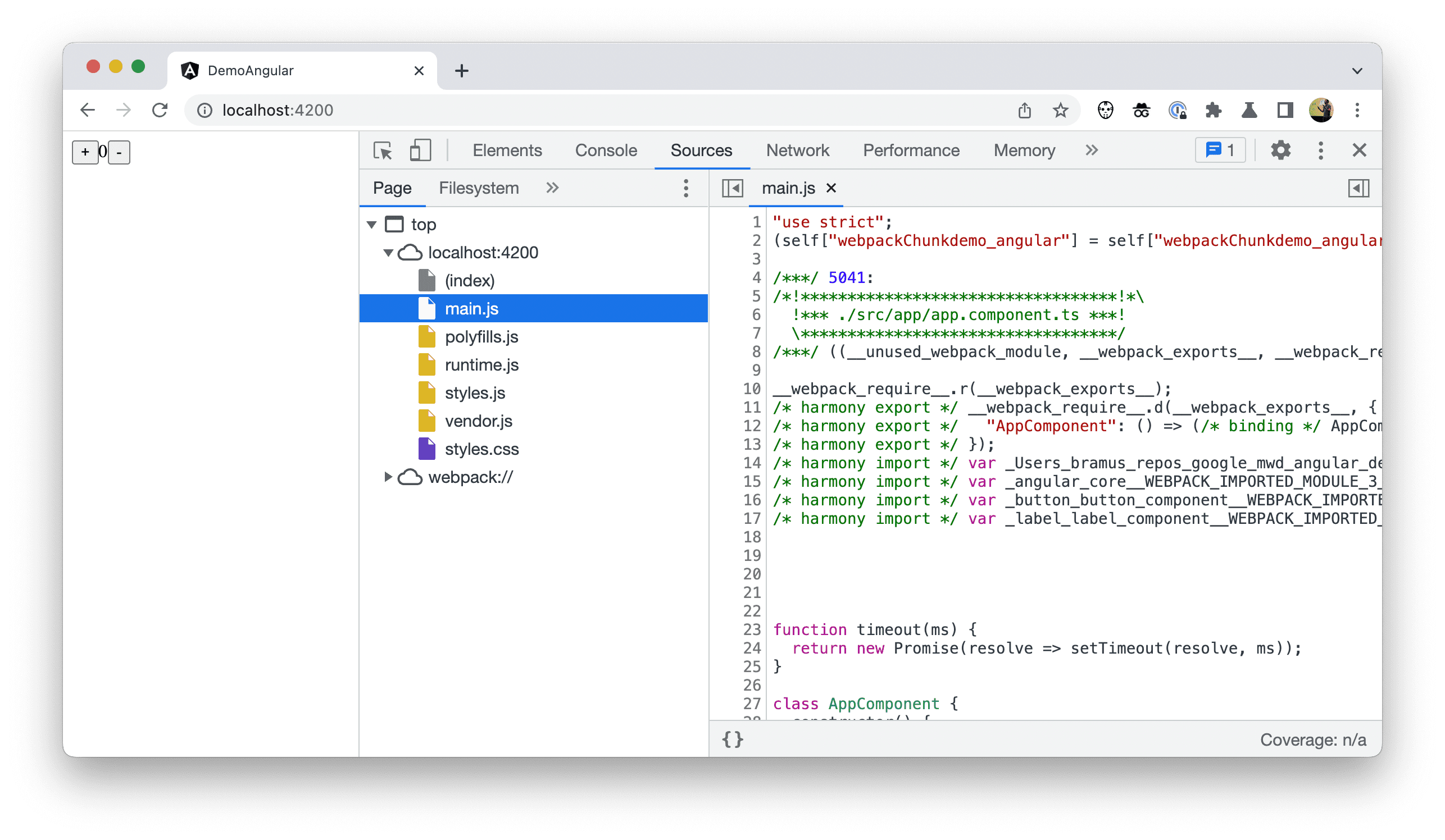 Capture d'écran de l'arborescence des fichiers dans Chrome DevTools montrant le code déployé.