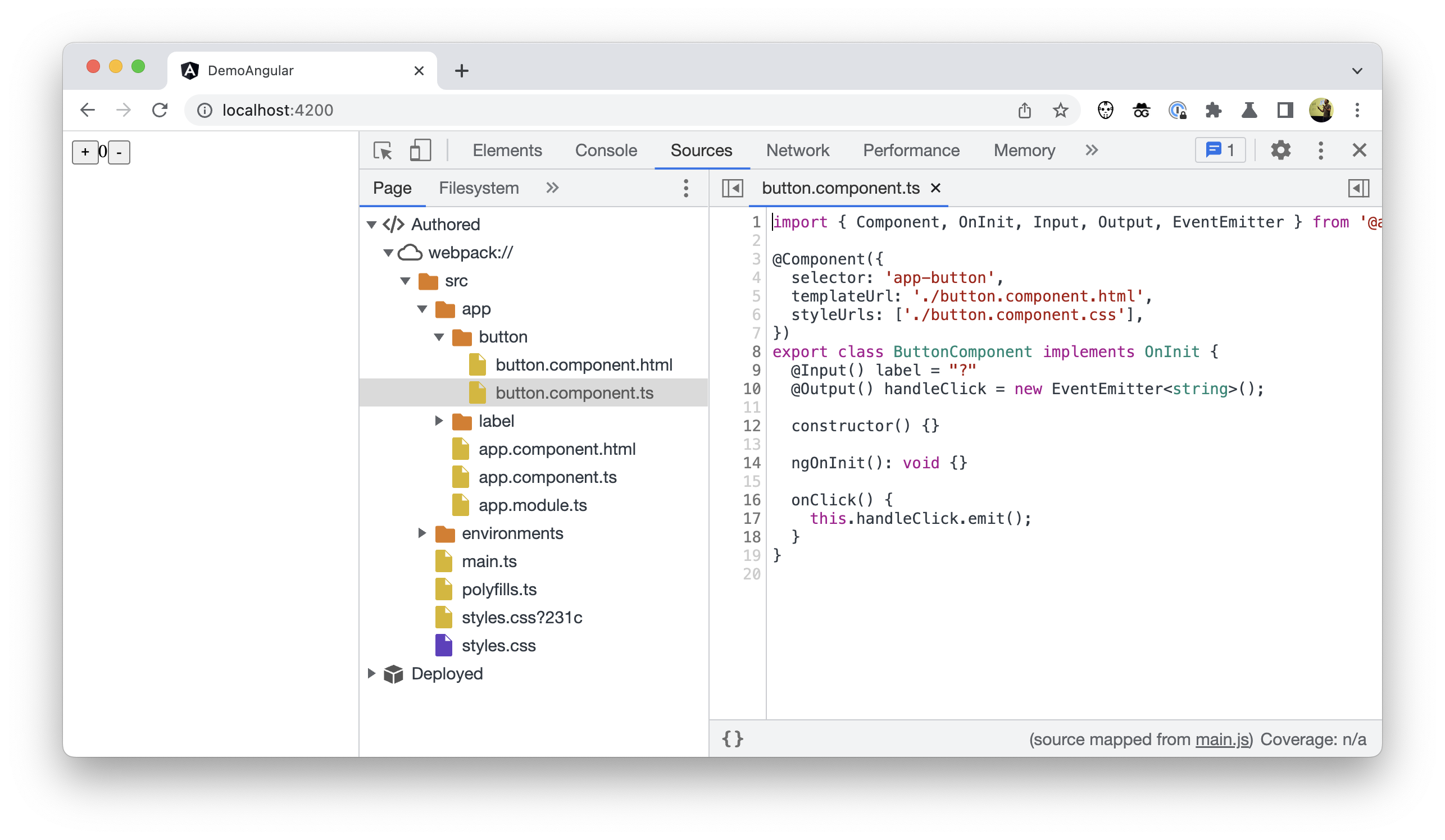 Chrome DevTools のファイルツリーのスクリーンショット。作成コードは表示されていますが、node_modules は表示されていません。