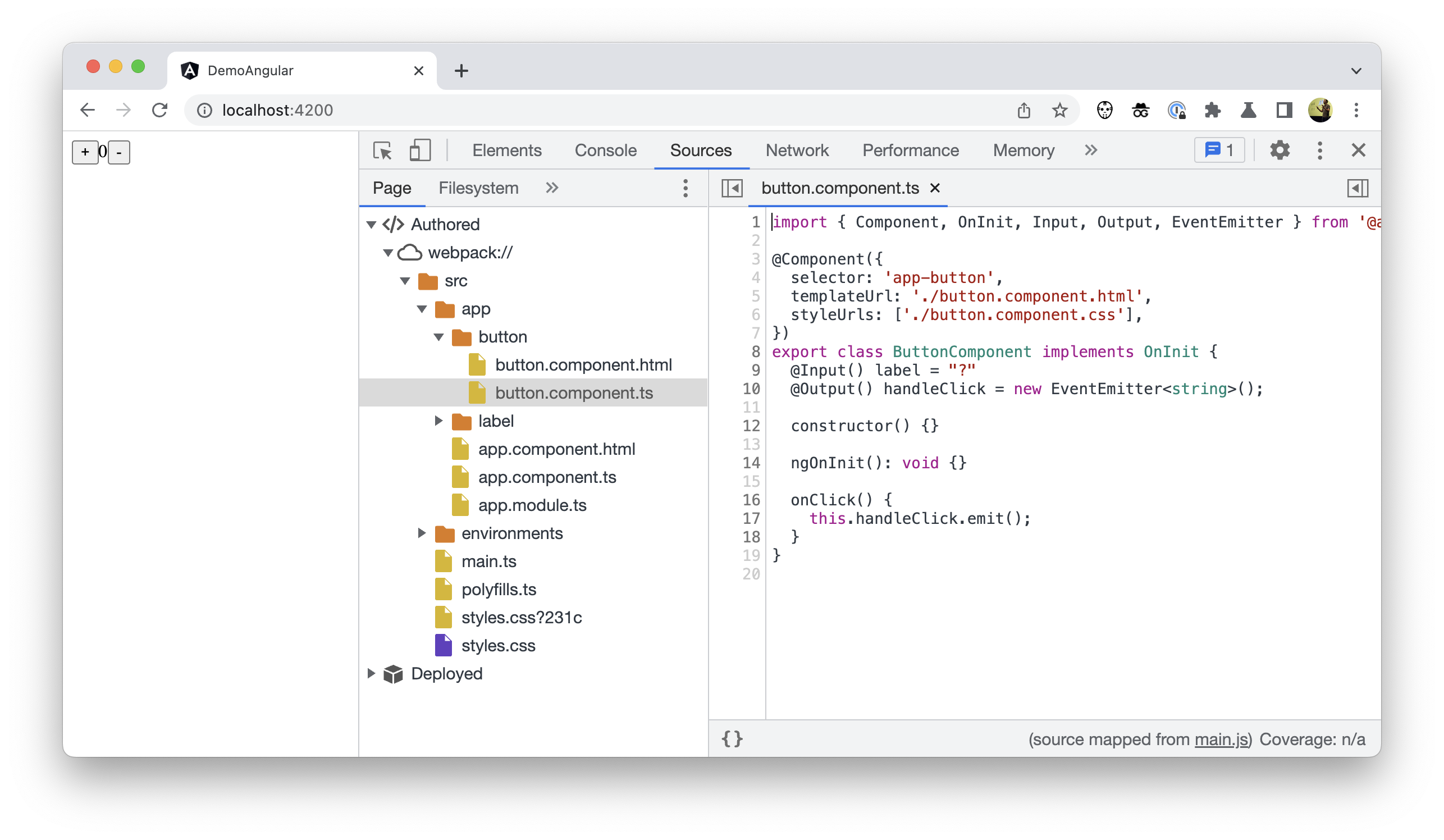 Schermafbeelding van de bestandsstructuur in Chrome DevTools, waarbij de geschreven code wordt weergegeven, maar geen node_modules worden weergegeven.