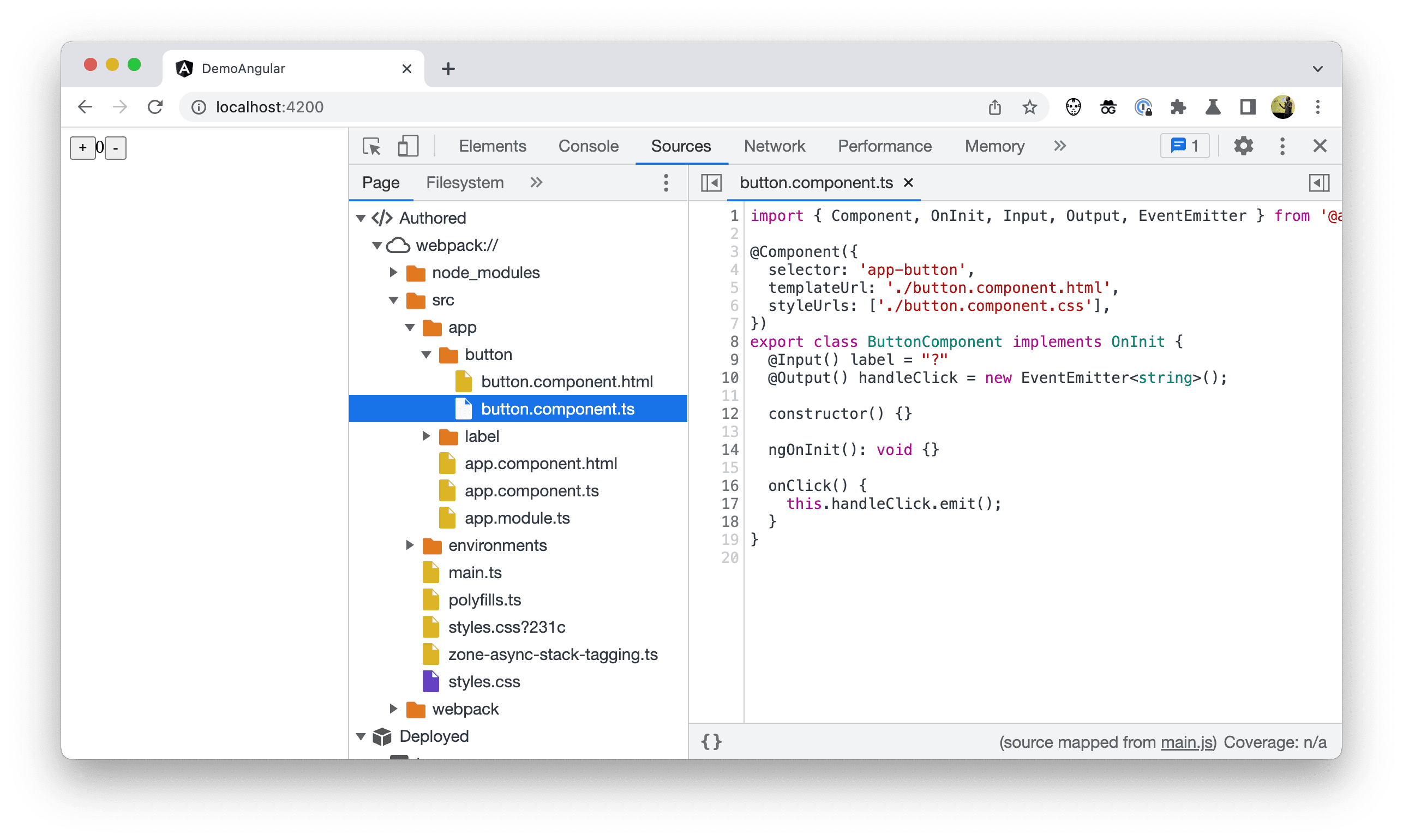 Captura de tela da árvore de arquivos no Chrome DevTools mostrando o código criado.