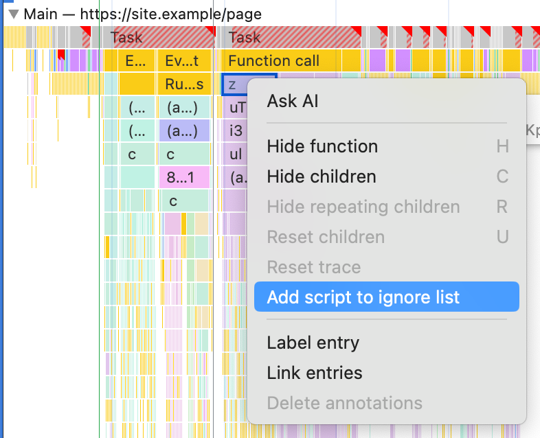 The right-click menu on an entry in the Performance panel, with the 'Add script to ignore list' option highlighted