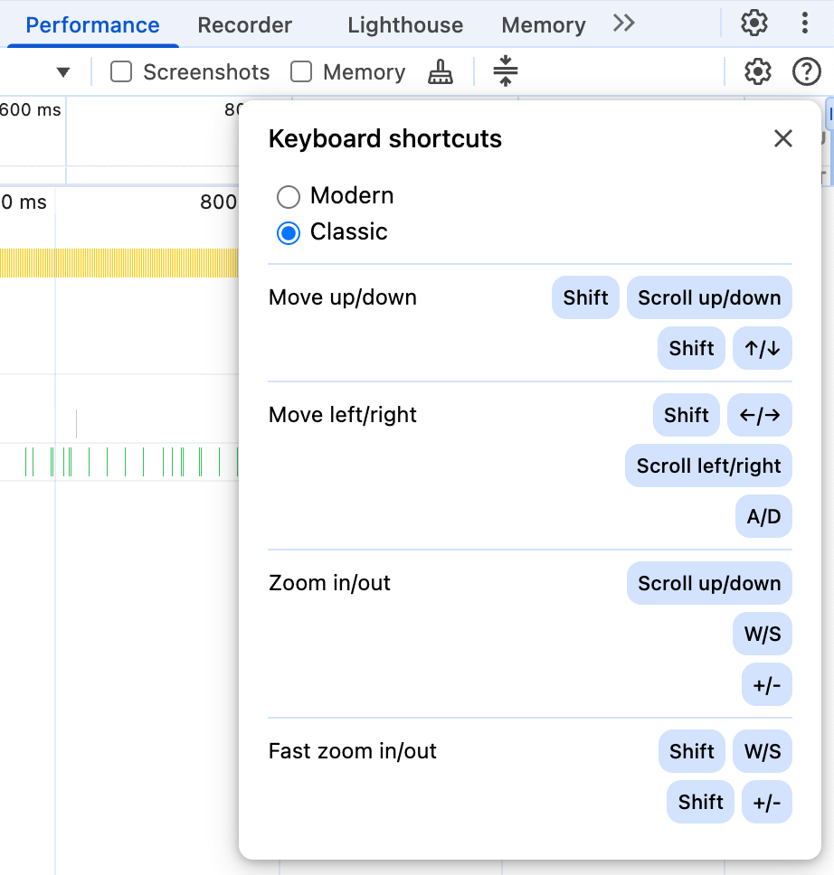 Het menu met snelkoppelingen, met keuzerondjes tussen modern en klassiek scrollen