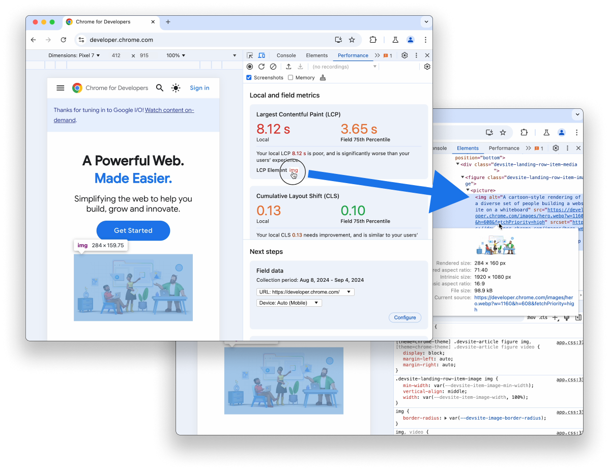 Highlighting the LCP element and viewing it in the Elements panel