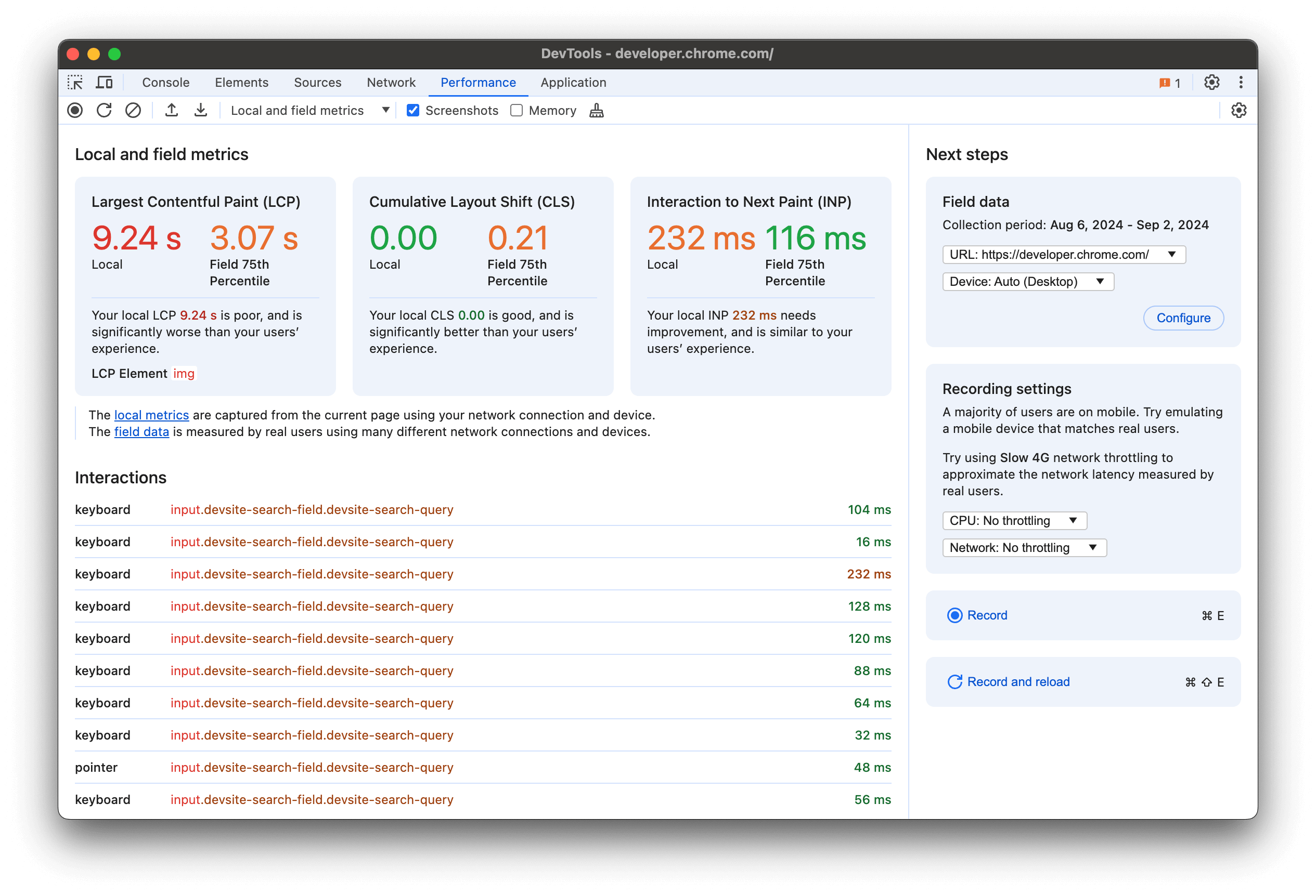 Métricas locales y del campo en el panel Rendimiento de DevTools