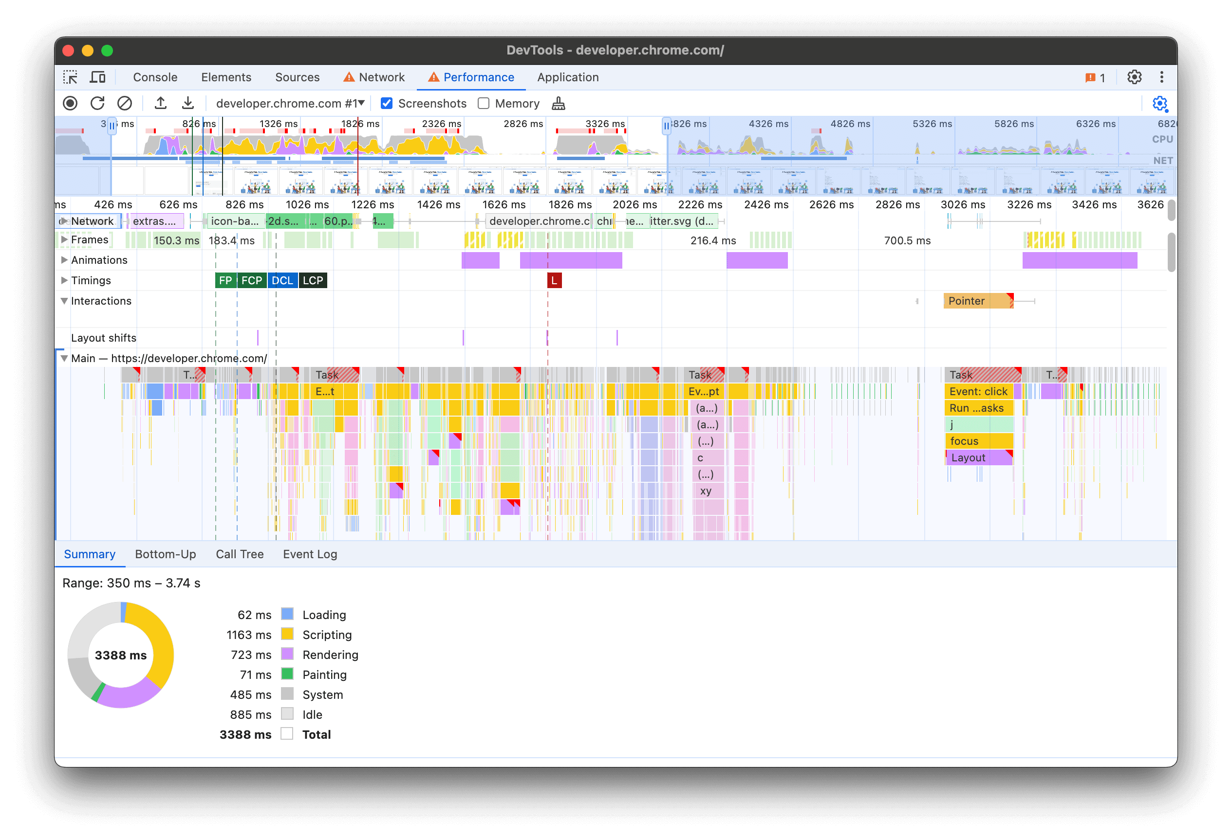 DevTools পারফরম্যান্স প্যানেলে ট্রেস ভিউ