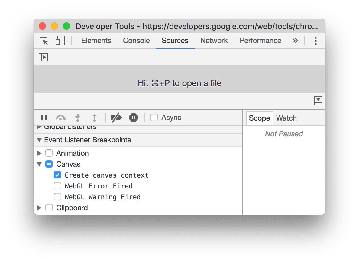 Canvas creation breakpoints via the Create canvas
    context checkbox in the Event Listener Breakpoints pane