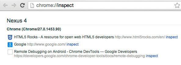 デバイスタブのリンクが表示された about:inspect ページ