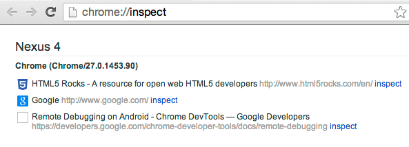 显示设备标签页链接的 about:inspect 页面