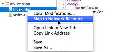 Map to Network Resource 옵션을 보여주는 컨텍스트 메뉴