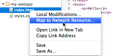 [Map to Network Resource] オプションが表示されたコンテキスト メニュー