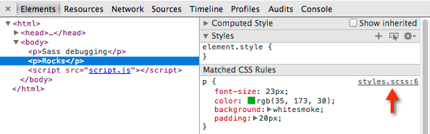 .scss スタイルシートを表示した [要素] パネル