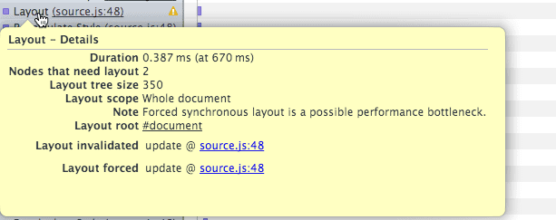 Forced synchronous layout pop-up in Timeline view.