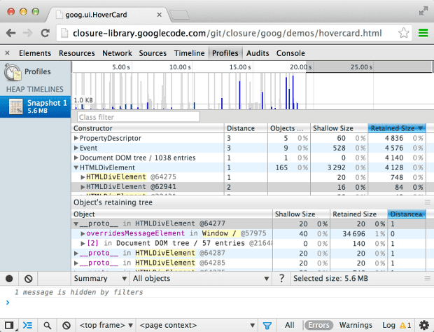 תצוגת פרופיל של הקצאת ערימה (heap allocation)