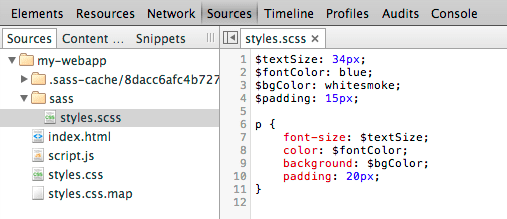 Panel sumber yang menampilkan file .scss.