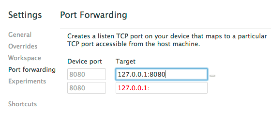 Tab „Portweiterleitung“ in den Einstellungen der Entwicklertools