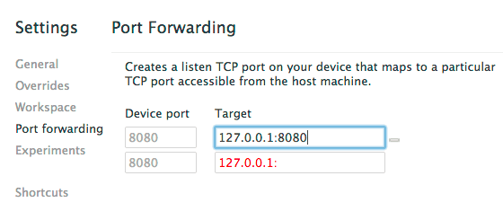 Scheda Port forwarding nelle impostazioni DevTools