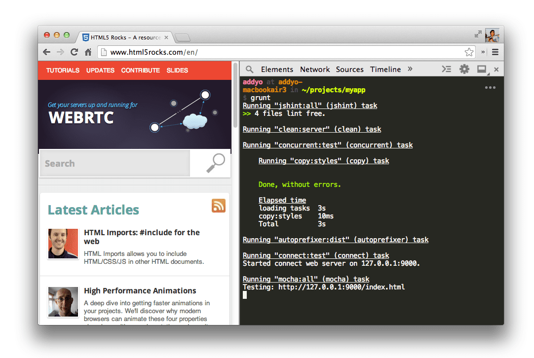 Exécution de Grunt dans le terminal des outils de développement.