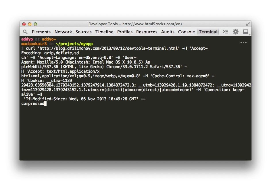 Geliştirici Araçları Terminal&#39;inde cURL&#39;yi kullanma.