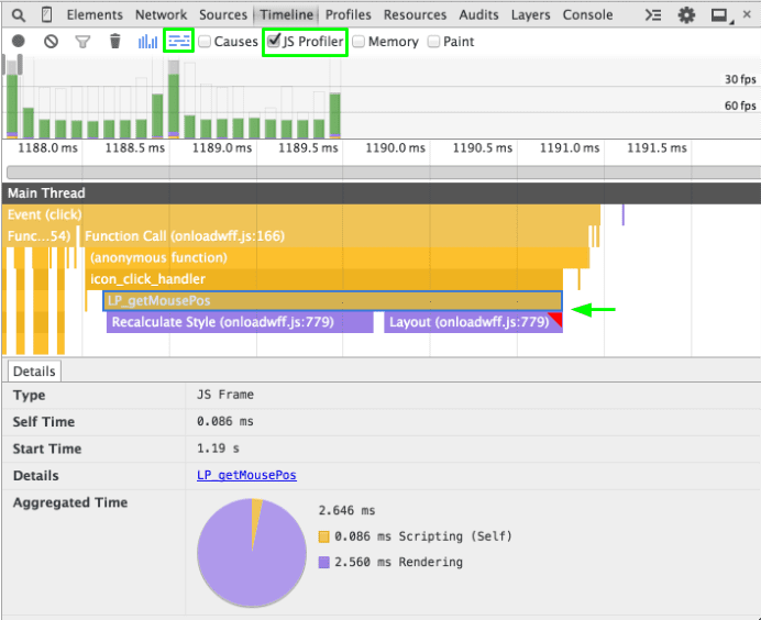 Gebruik de JS Profiler-opnameoptie en de Flame Chart-weergave om call-stacks in de tijdlijn te onderzoeken.