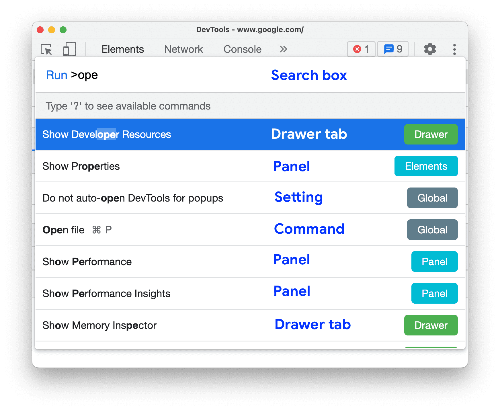 Menú de comandos de DevTools.