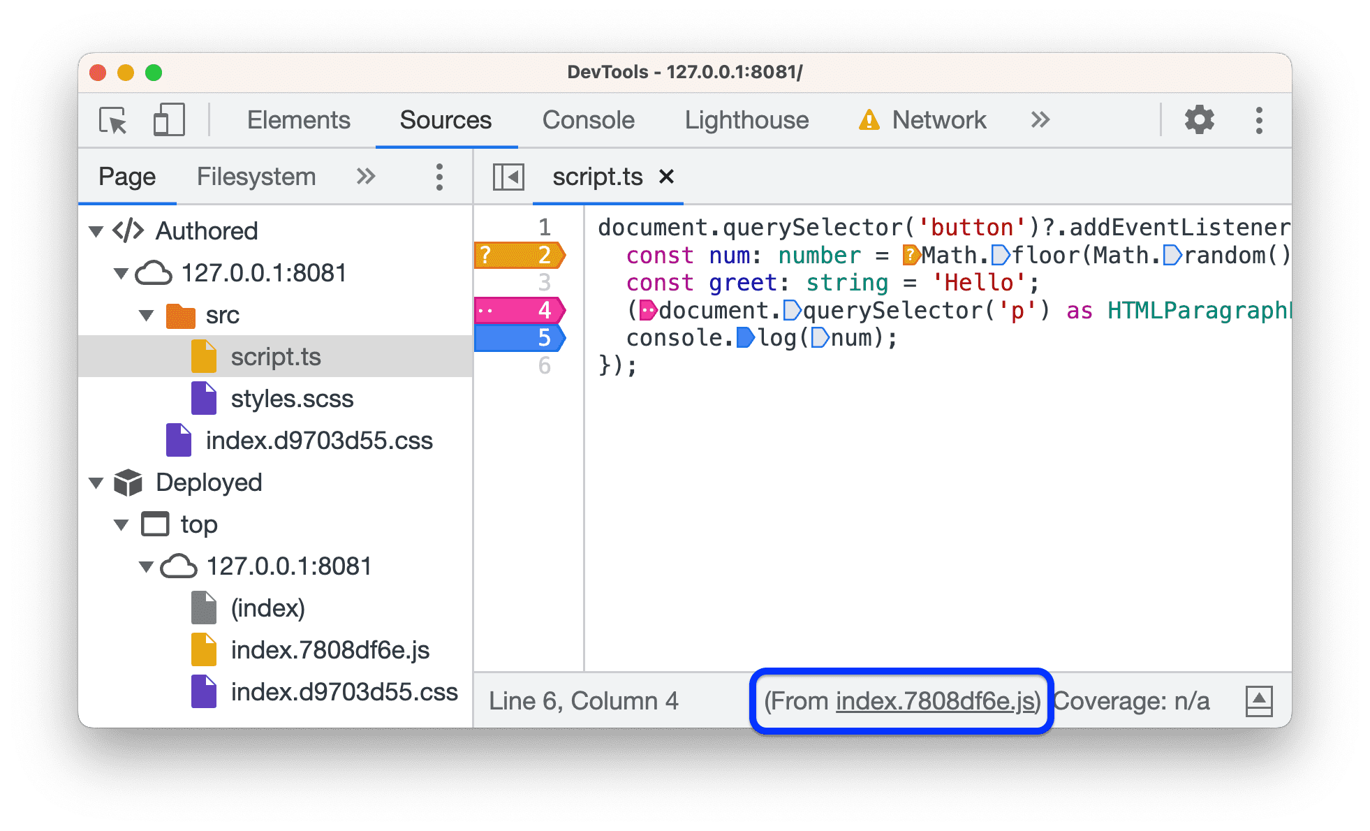 Using breakpoints in DevTools in an authored source file.