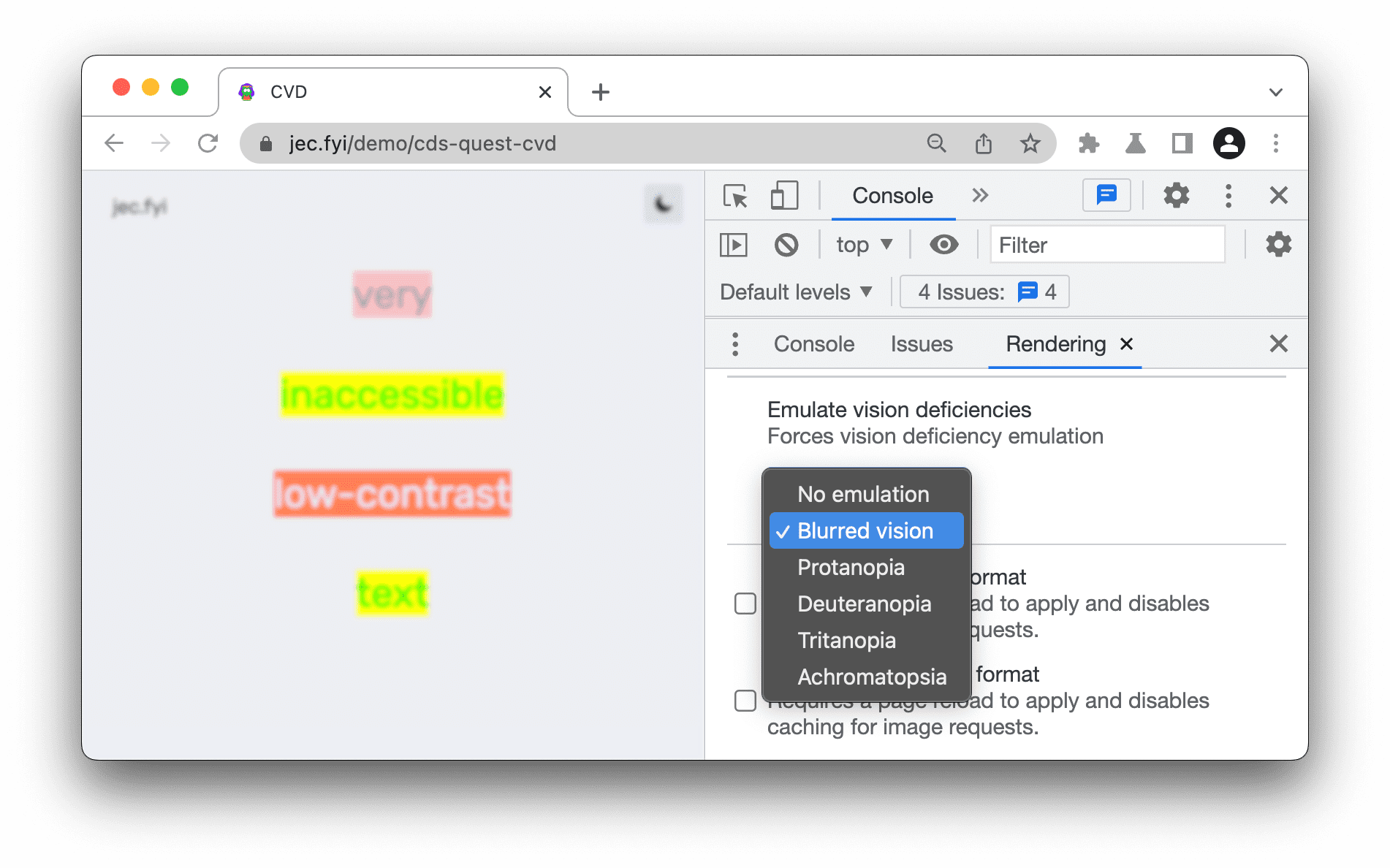 Blurred vision selected in the Rendering tab and emulated in the viewport.