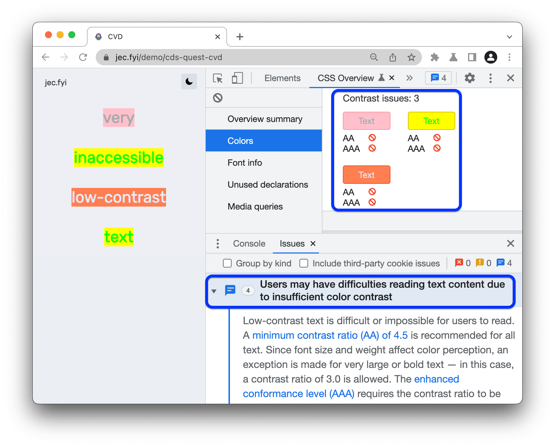 Contrast issues listed in the CSS Overview panel and Issues tab.