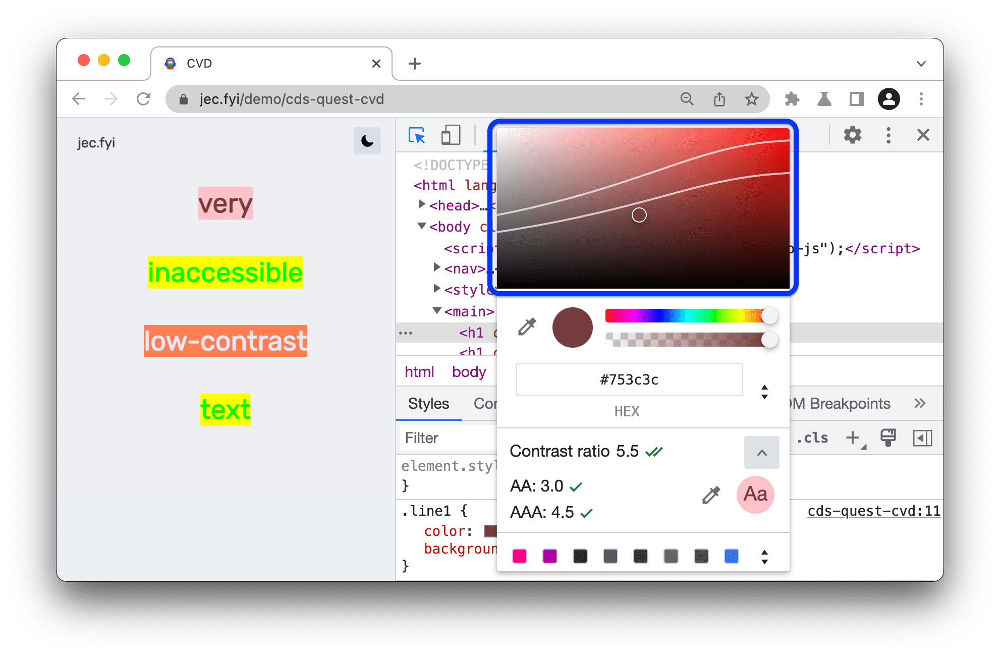 Las líneas de proporción de contraste recomendadas están disponibles en la vista previa de los tonos del selector de color.