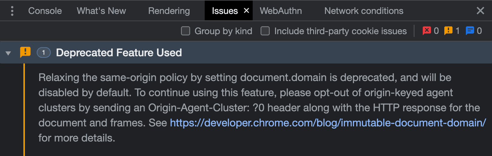 Captura de tela do aviso do problema no DevTools