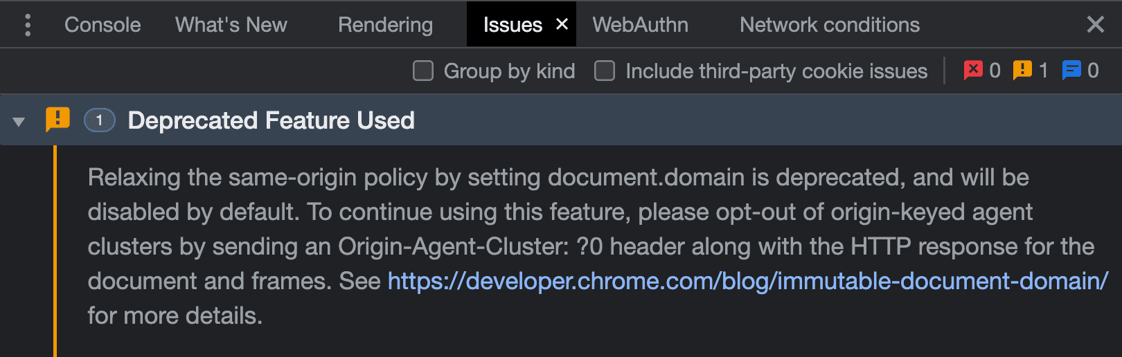 Screenshot peringatan masalah di DevTools