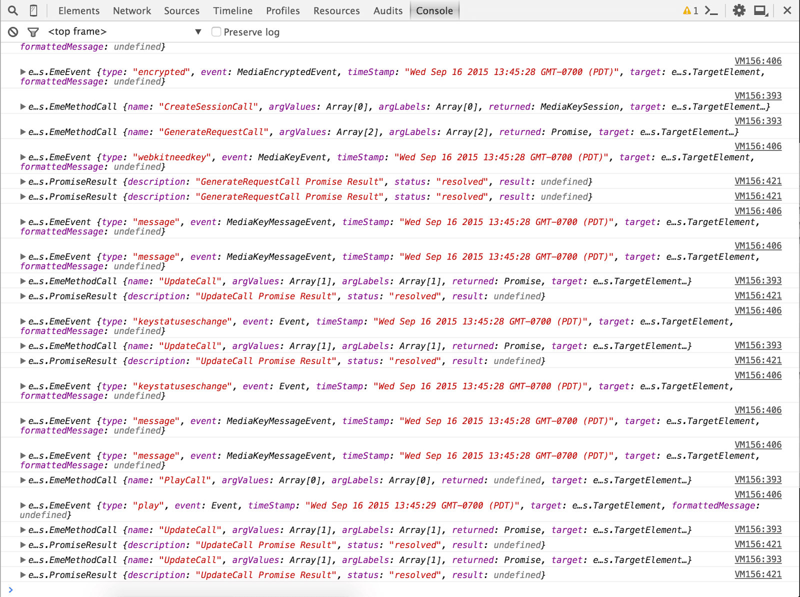 Captura de tela do console do Chrome DevTools mostrando o registro da extensão EME Logger.