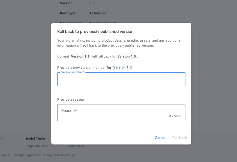 Modal yang meminta detail untuk rollback versi.