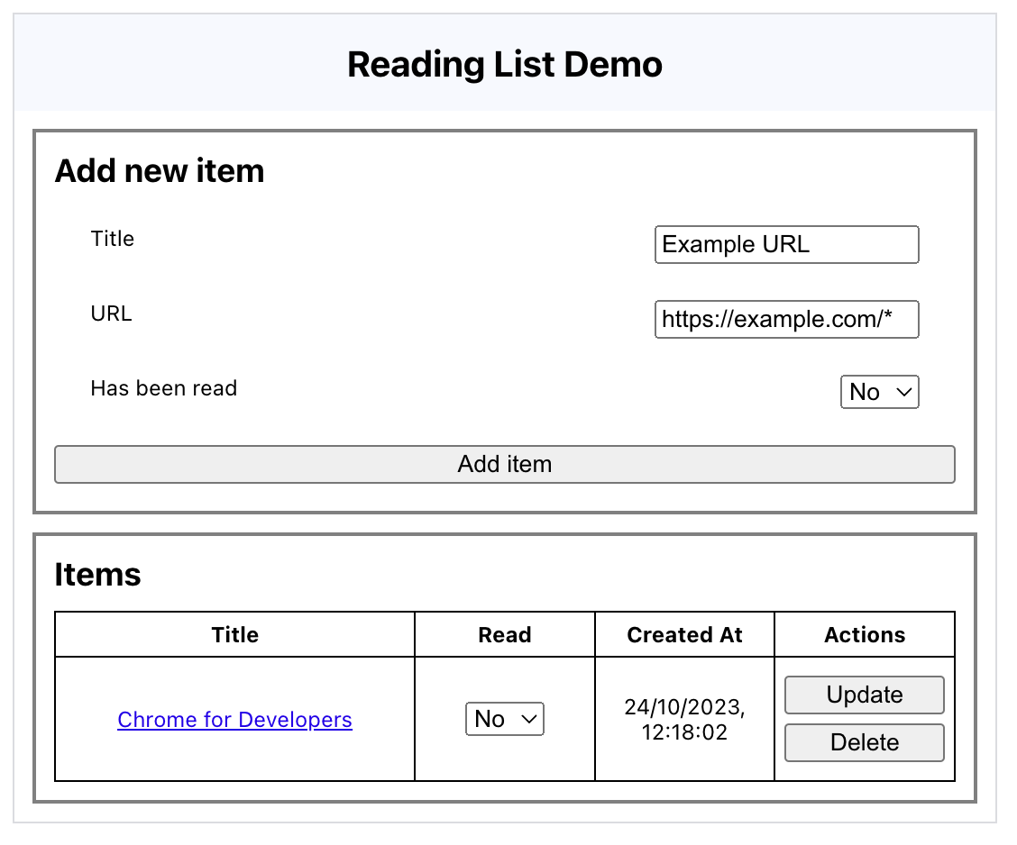 Screenshot of the reading list API demo