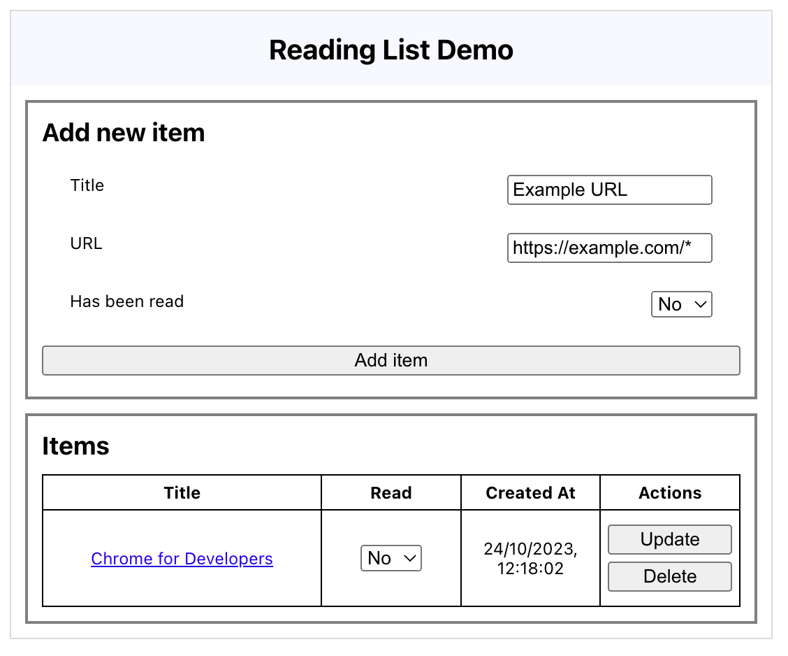 Zrzut ekranu z prezentacją interfejsu API listy czytelniczej
