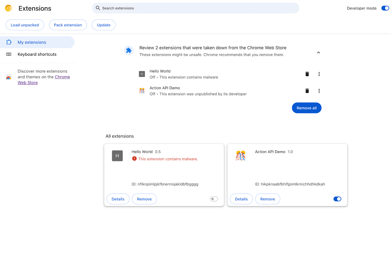 Dwa rozszerzenia, których nie ma już w Chrome Web Store, są widoczne na stronie chrome://extensions