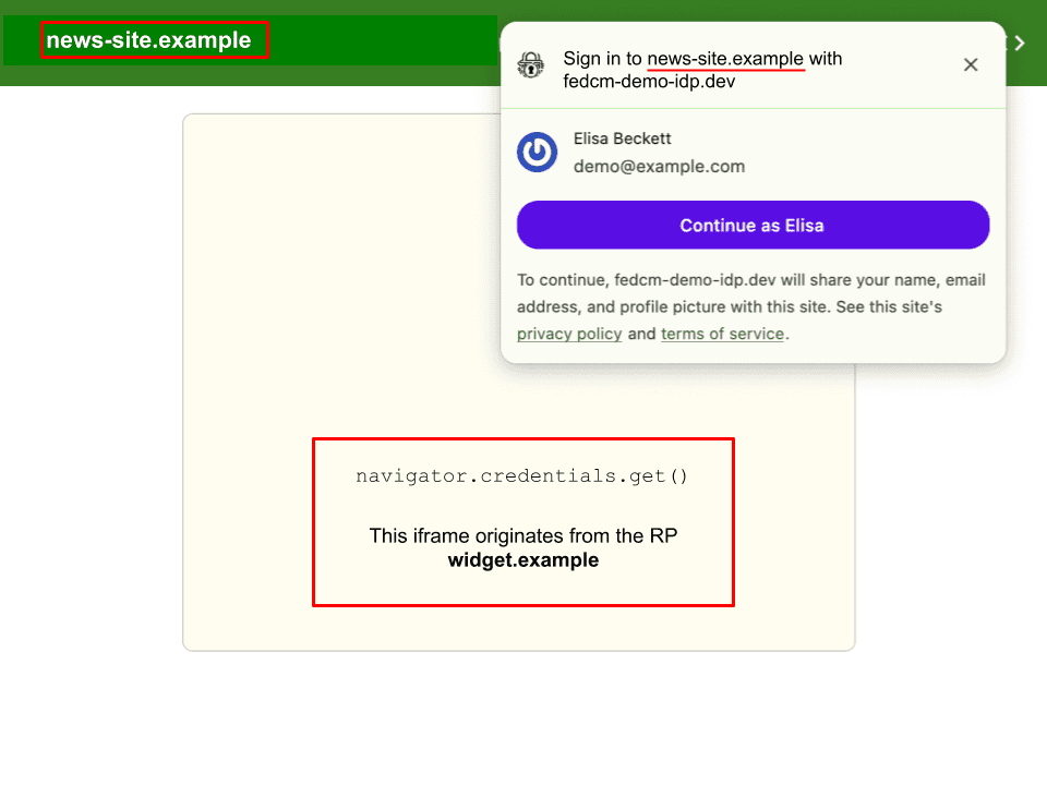 عنوان کادر محاوره‌ای FedCM شامل متن «ورود به سایت خبری.مثال با fedcm-demo-idp.dev» است.