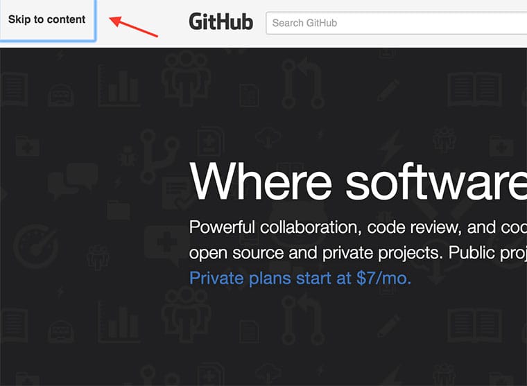 GitHub.com पर मौजूद, स्किप करने का लिंक