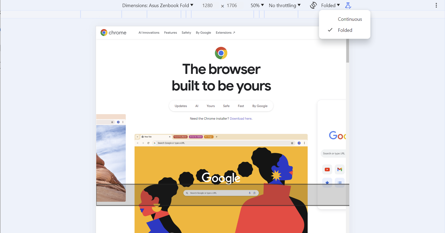 Chrome 開發人員工具模擬可折疊裝置。