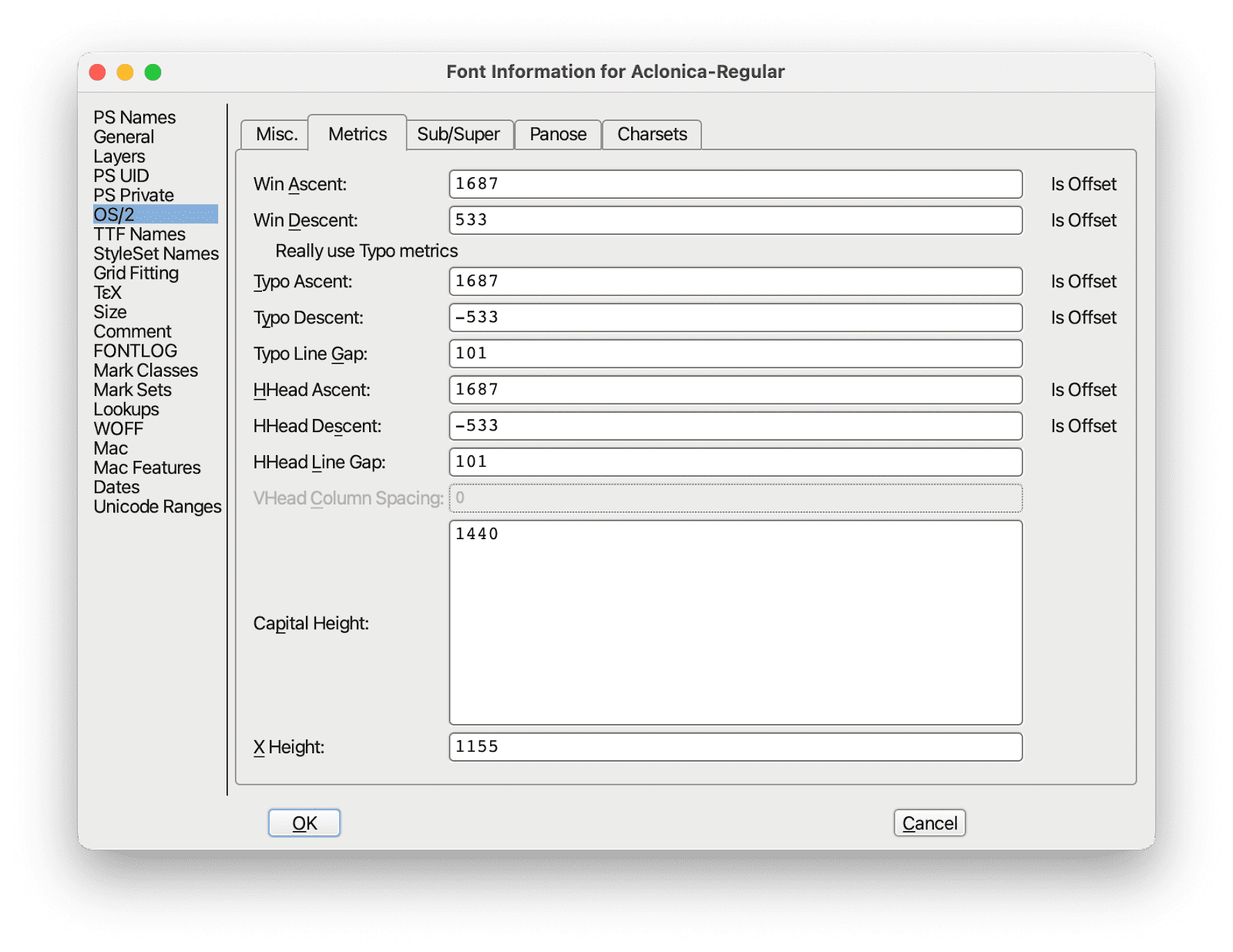 Screenshot des Dialogfelds „Schriftinformationen“ in FontForge Im Dialogfeld werden Schriftmetriken wie „Typo Ascent“, „Typo Descent“ und „Typo Line Gap“ angezeigt.