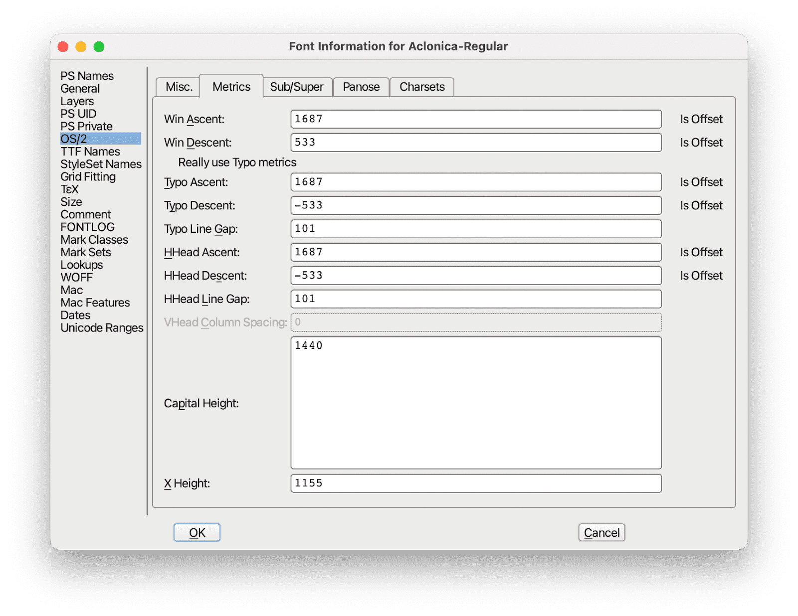 FontForge「Font Information」對話方塊的螢幕截圖。對話方塊會顯示字型指標，例如「Typo Ascent」、「Typo Descent」和「Typo Line Gap」。
