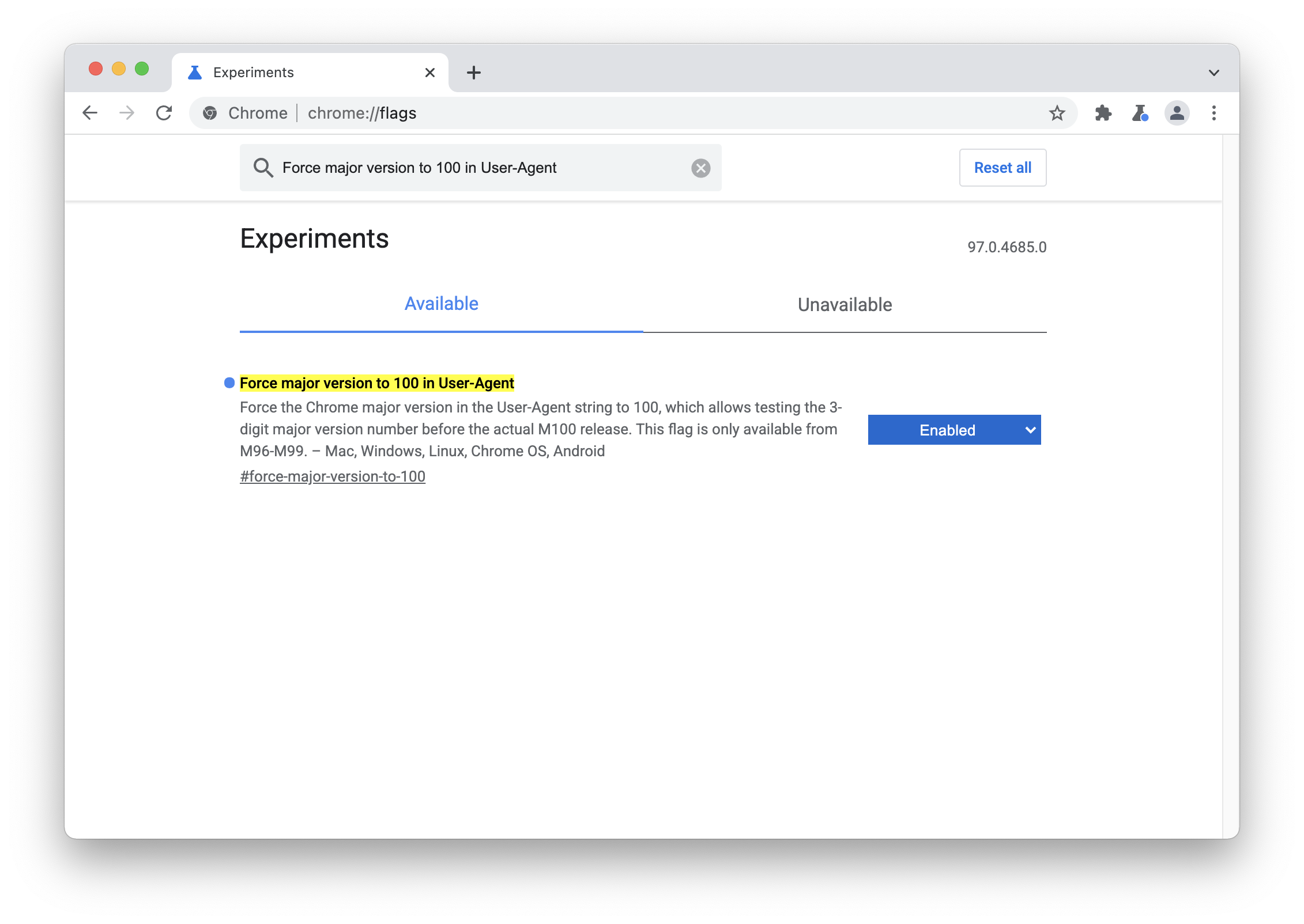 Chrome, User-Agent&#39;ta ana sürümü 100&#39;e zorlamanın etkinleştirildiğini gösteren bir sayfayı işaretler.