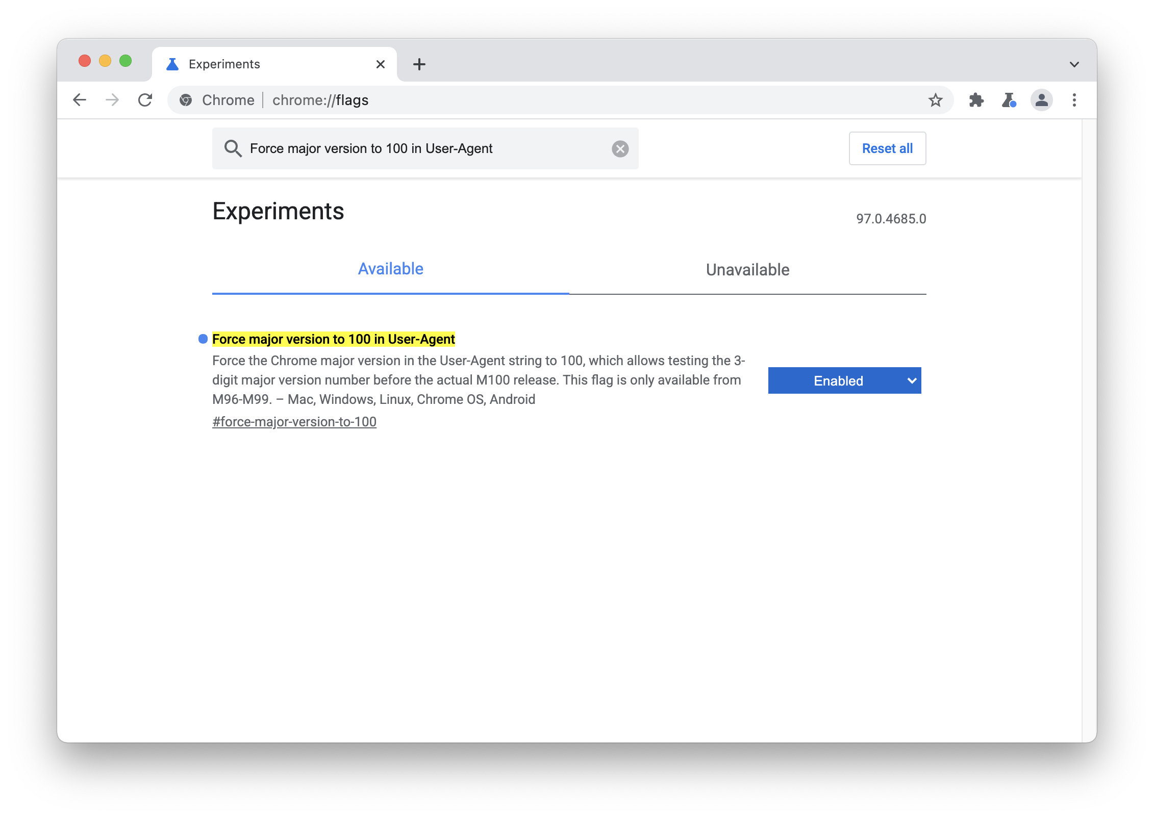 Página de sinalizações do Chrome mostrando que a criação da versão principal para a versão 100 no user agent está ativada.