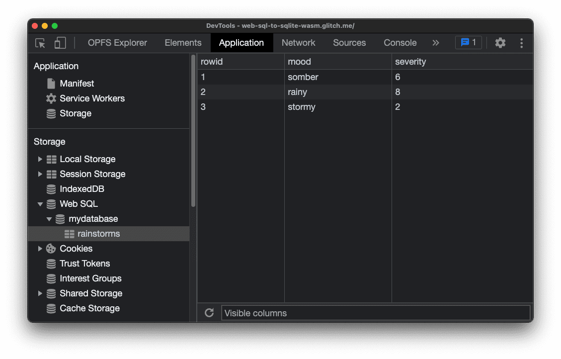 Database Web SQL diperiksa di DevTools Chrome. {i>Database<i} tersebut disebut mydatabase dan memiliki tabel dengan tiga kolom: ID baris, mood, dan tingkat keparahan. Ada tiga baris data sampel.