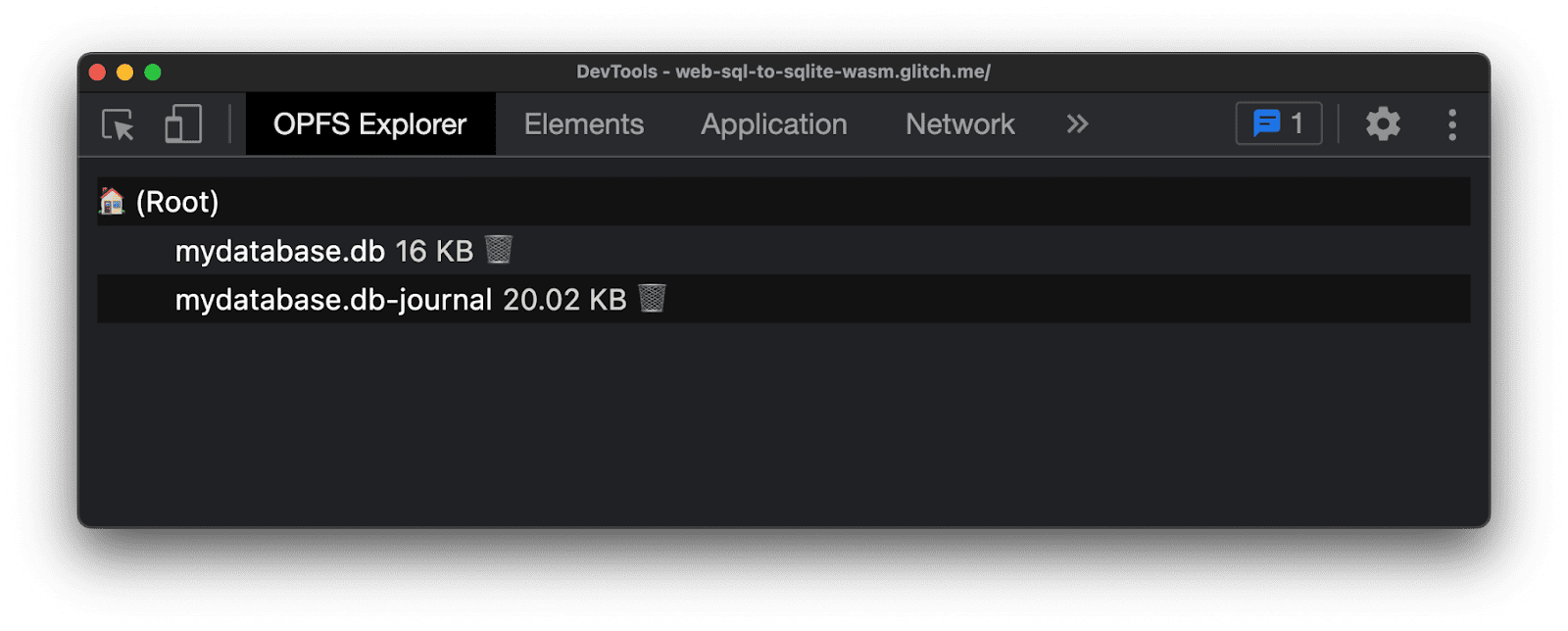 Ispezione del file system privato di origine con l&#39;esploratore OPFS di Chrome DevTools. Esistono due file, uno denominato mydatabase.db e l&#39;altro mydatabase.db-journal.