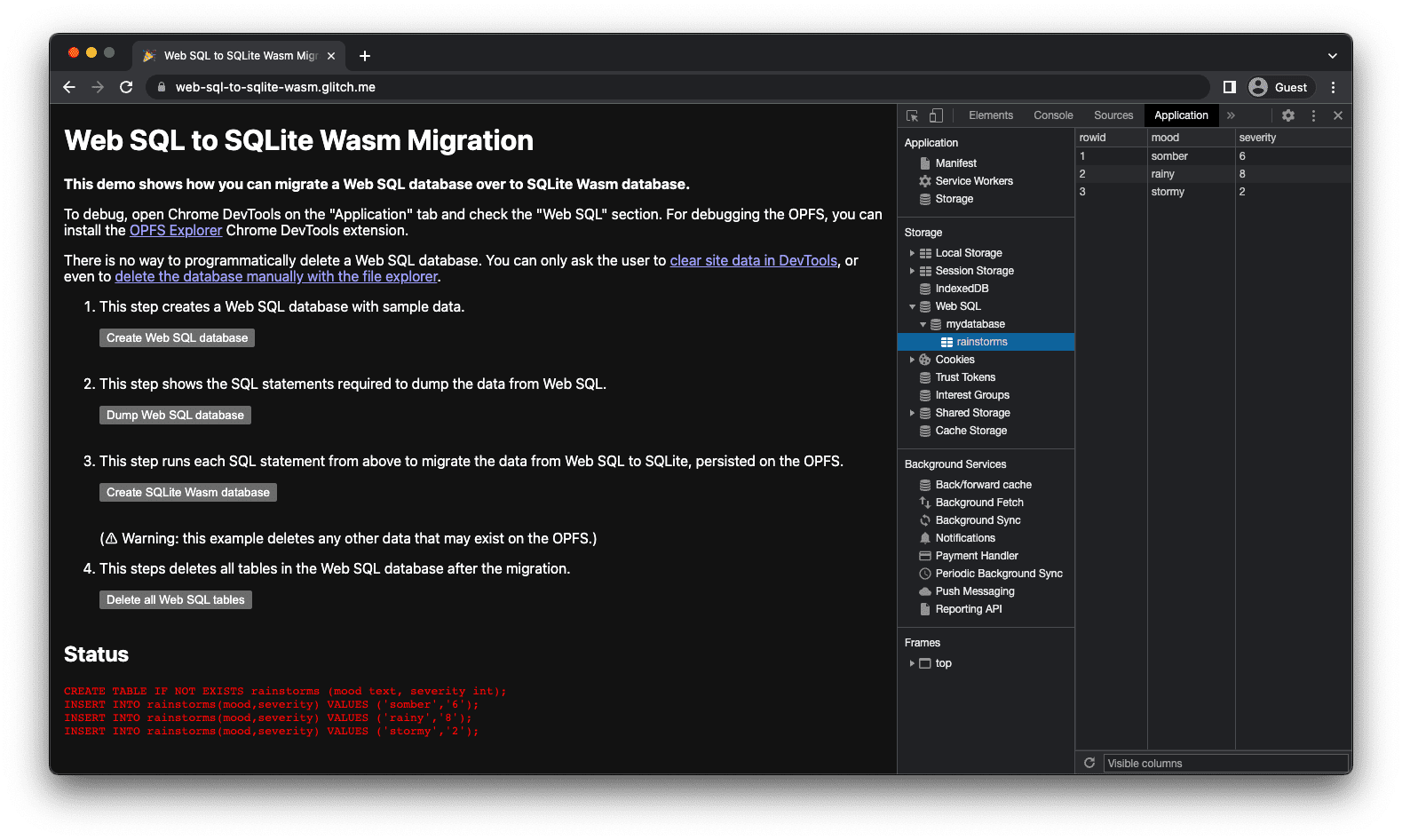 演示版应用：web-sql-to-sqlite-wasm.glitch.me。
