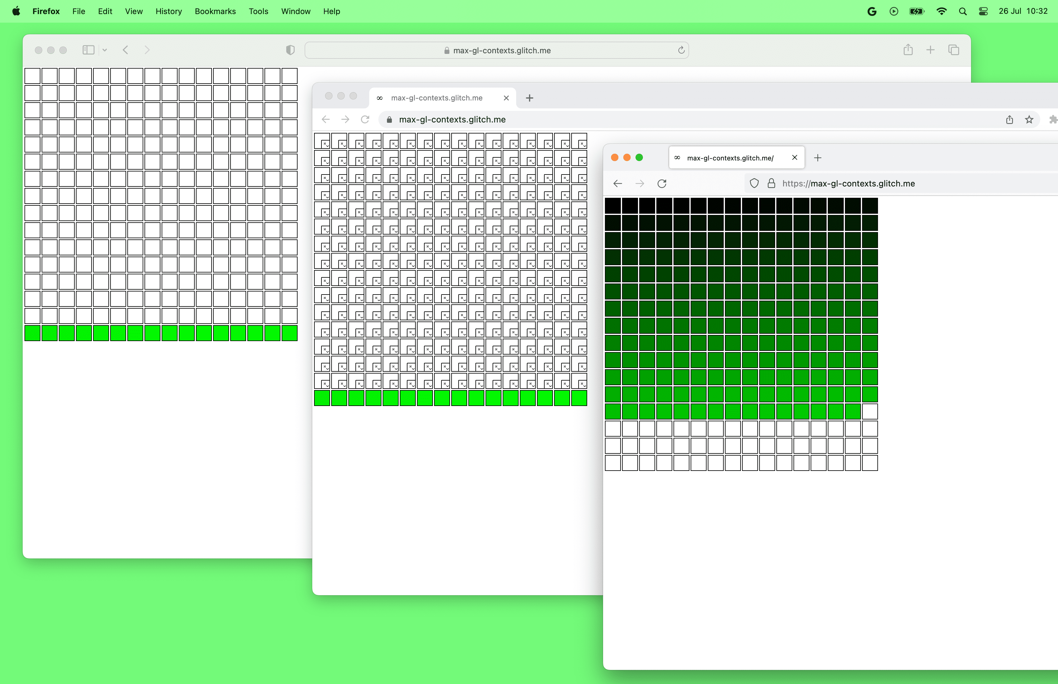 צילום מסך שבו מוצג מספר המרבצים המקסימלי של WebGL בדפדפני Safari,‏ Chrome ו-Firefox