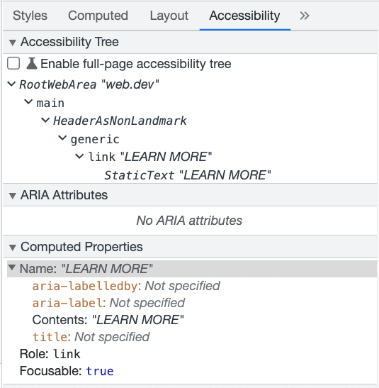 Il riquadro di accessibilità di Chrome DevTools.