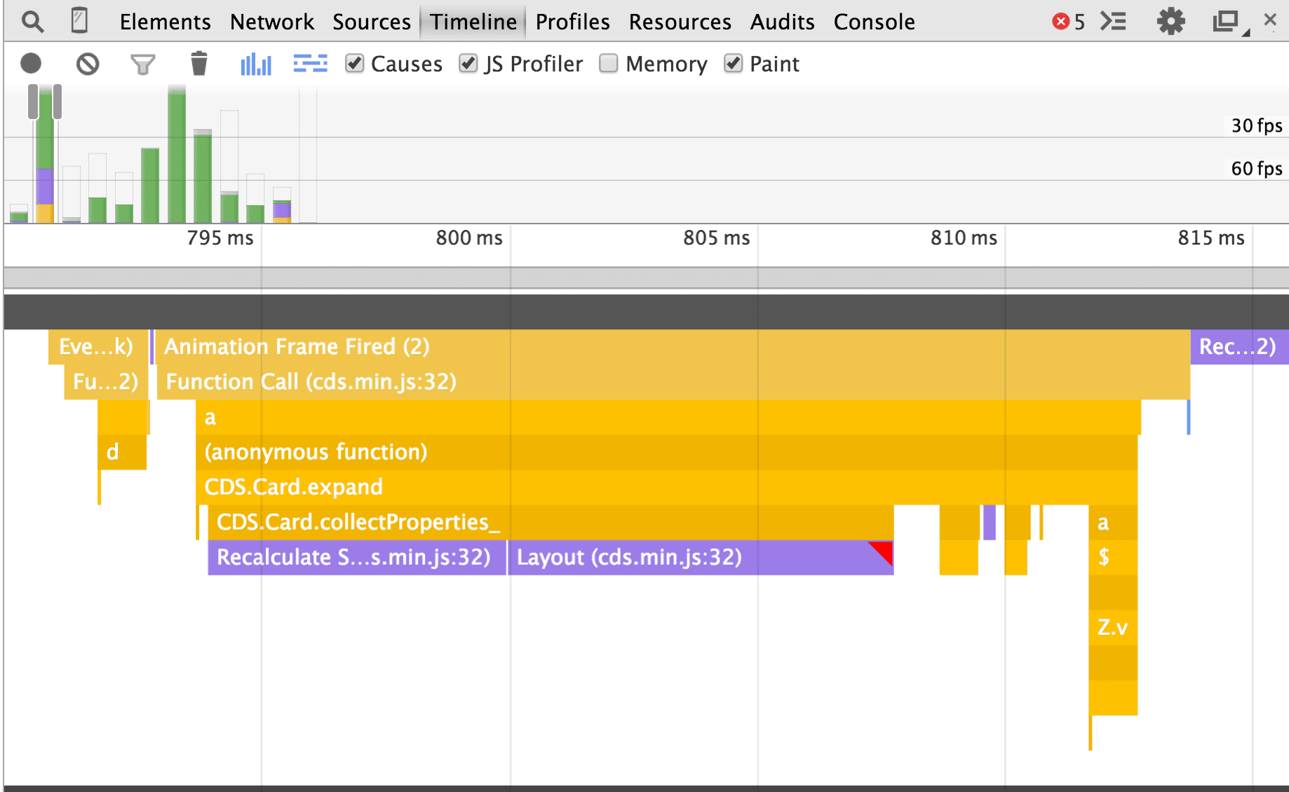 Captura de pantalla de la vista del gráfico de llama en las Herramientas para desarrolladores de Chrome.