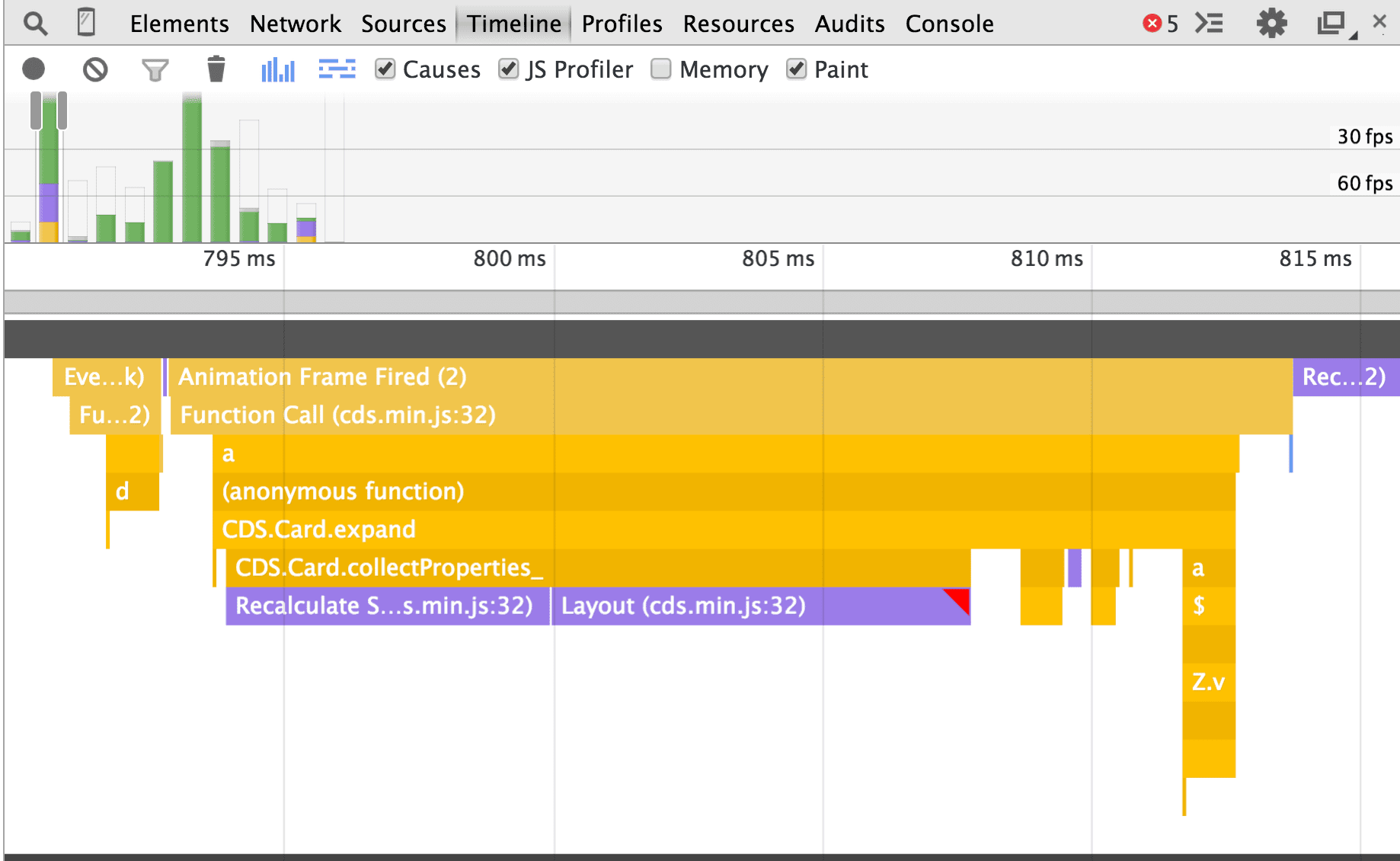 Chrome 開發人員工具中的「Flame 圖表檢視」螢幕截圖。